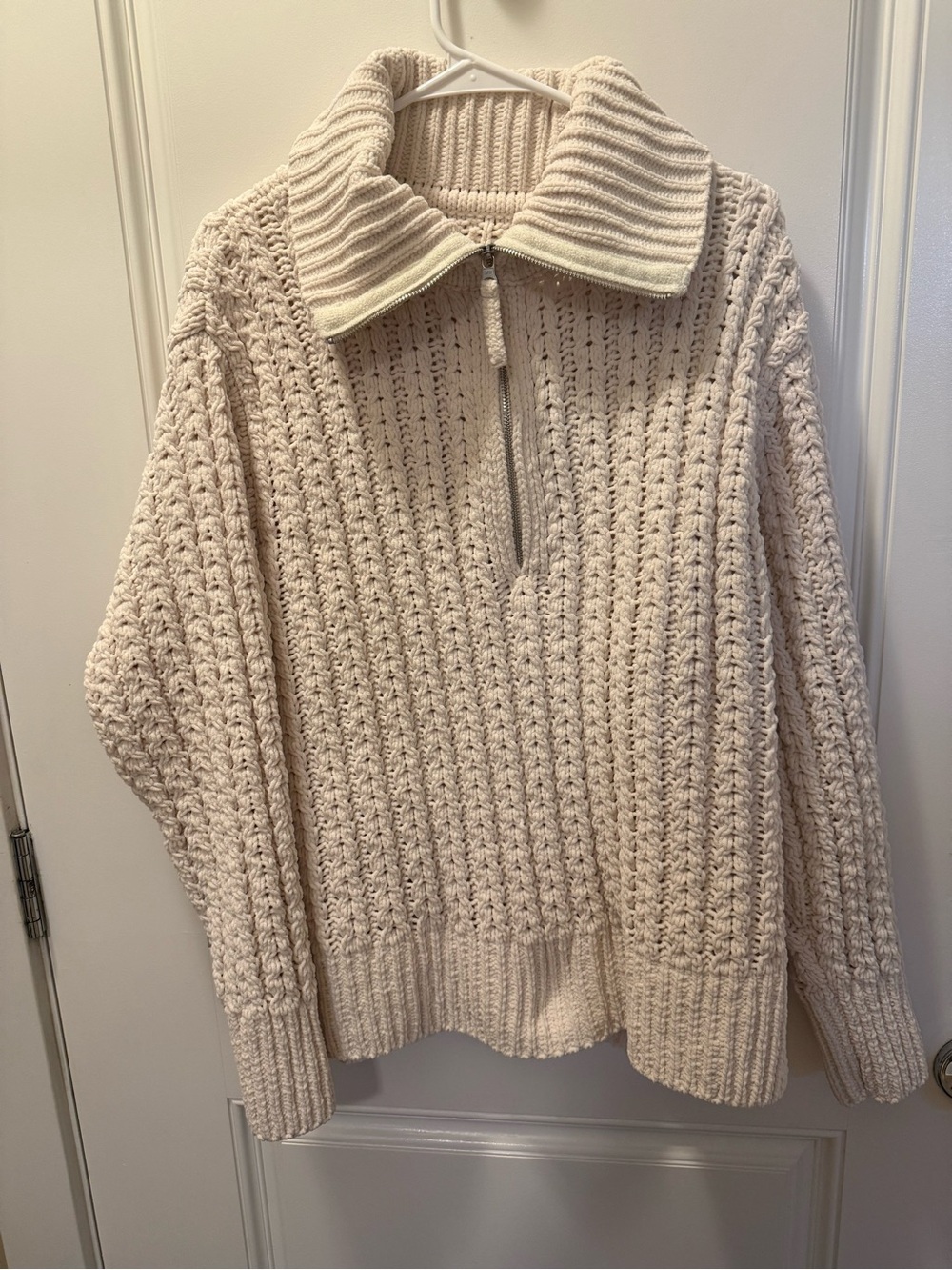Aerie Cable Car Quarter Zip Sweater L Cream Chenille Chunky Oversized Cozy